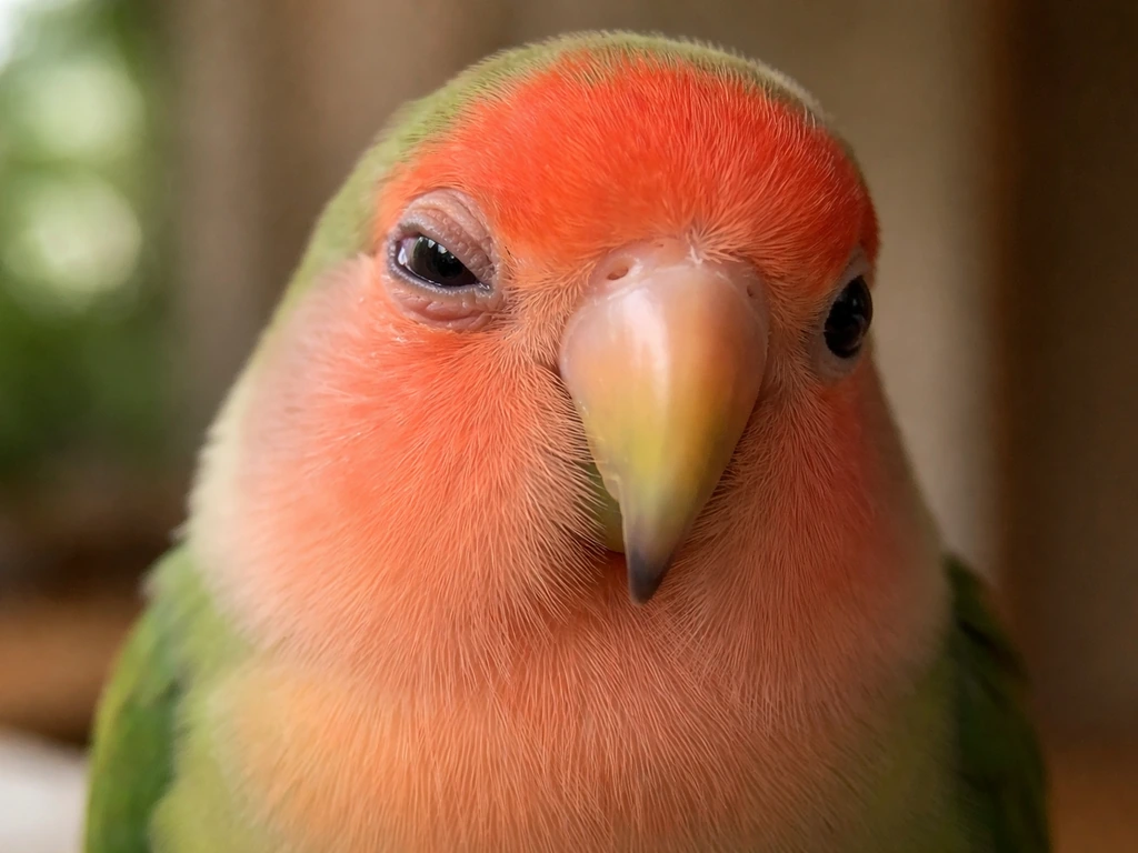 Close-up of a lovebird with one irritated, squinting, watery eye in soft natural light.
