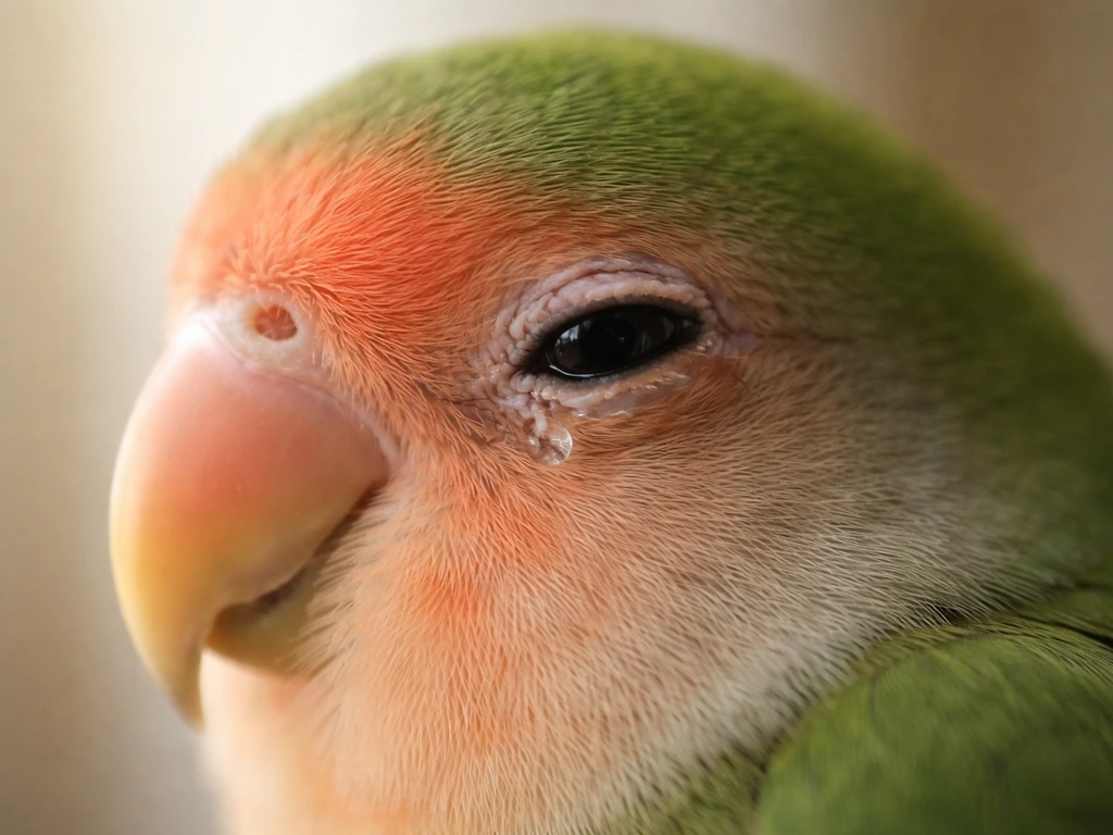Photorealistic close-up of a lovebird’s eye showing mild squinting and watery discharge on a neutral background.