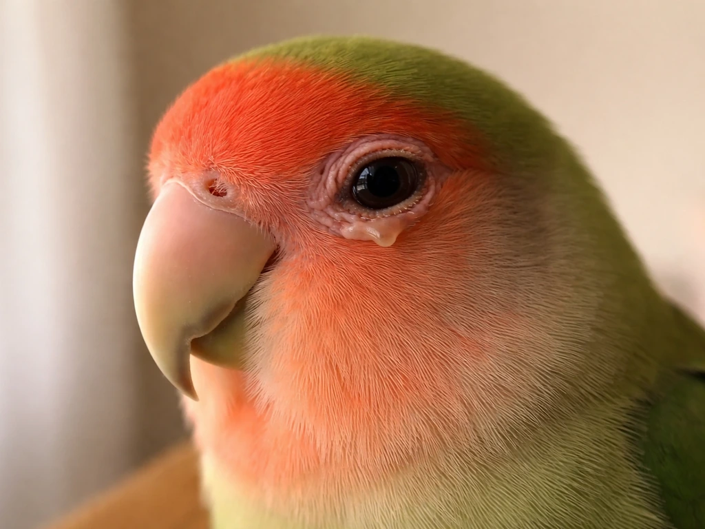 Close-up of a lovebird’s eye with mild redness and slight discharge suggesting conjunctivitis.