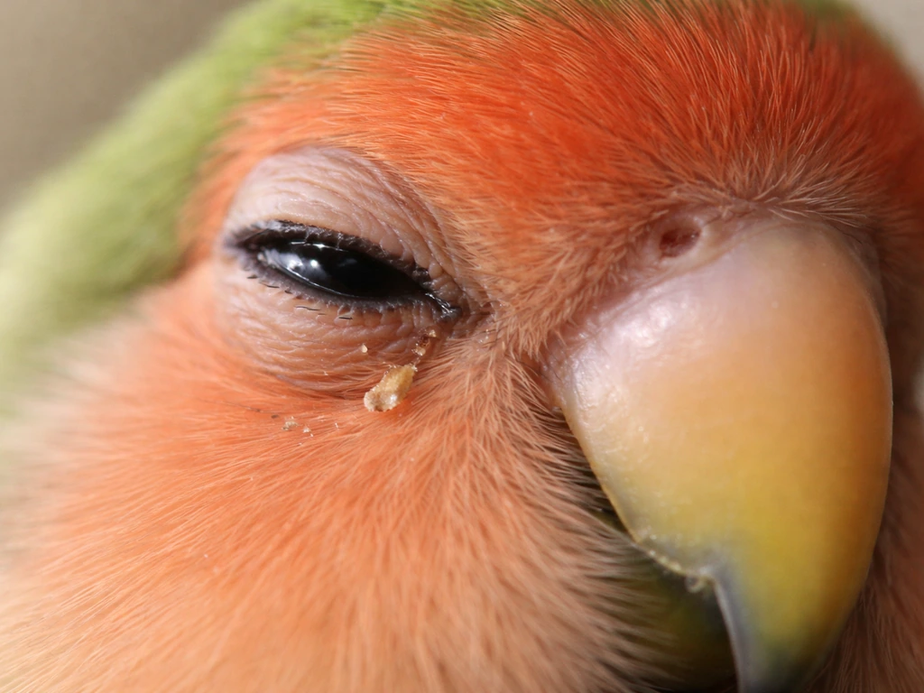 Close-up of a lovebird eye squinting with tiny dust/seed-husk specks near the eyelid.