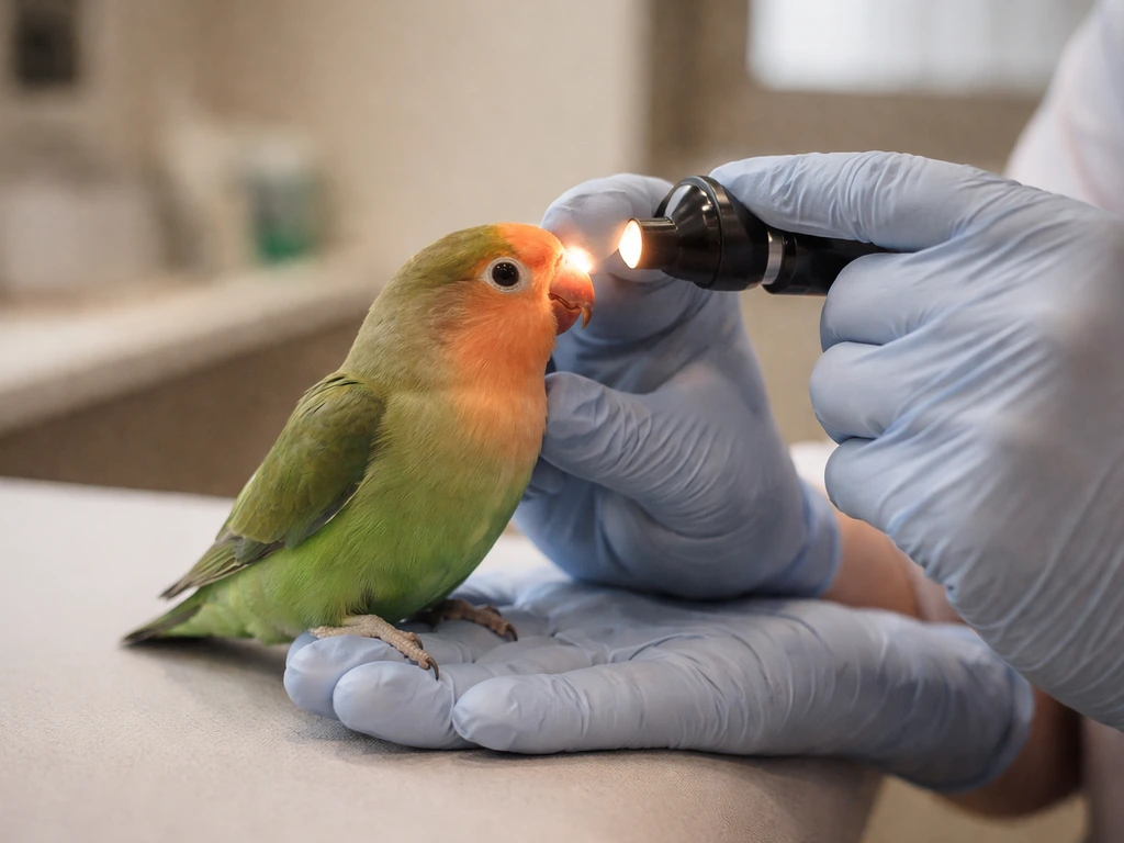 A clinician in gloves gently examines a lovebird’s eye during a calm veterinary check.