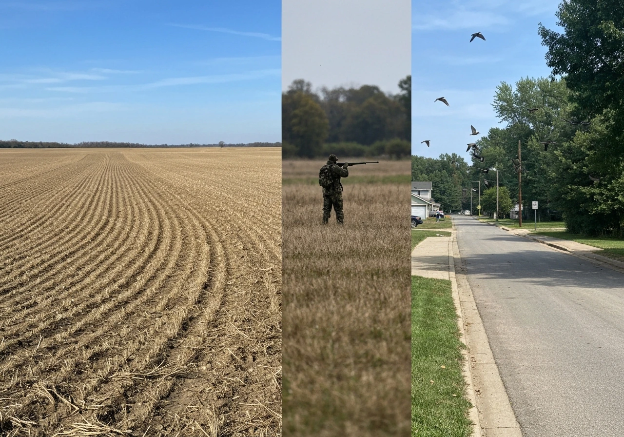 Minimal split-scene showing cropland clearing, distant hunting silhouette, and urban encroachment affecting birds.