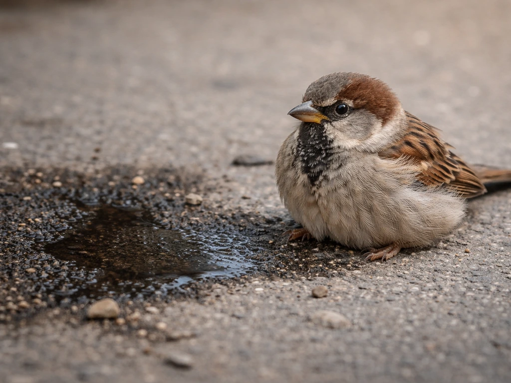 Close-up of a small bird on the ground beside a faint oily contamination stain.
