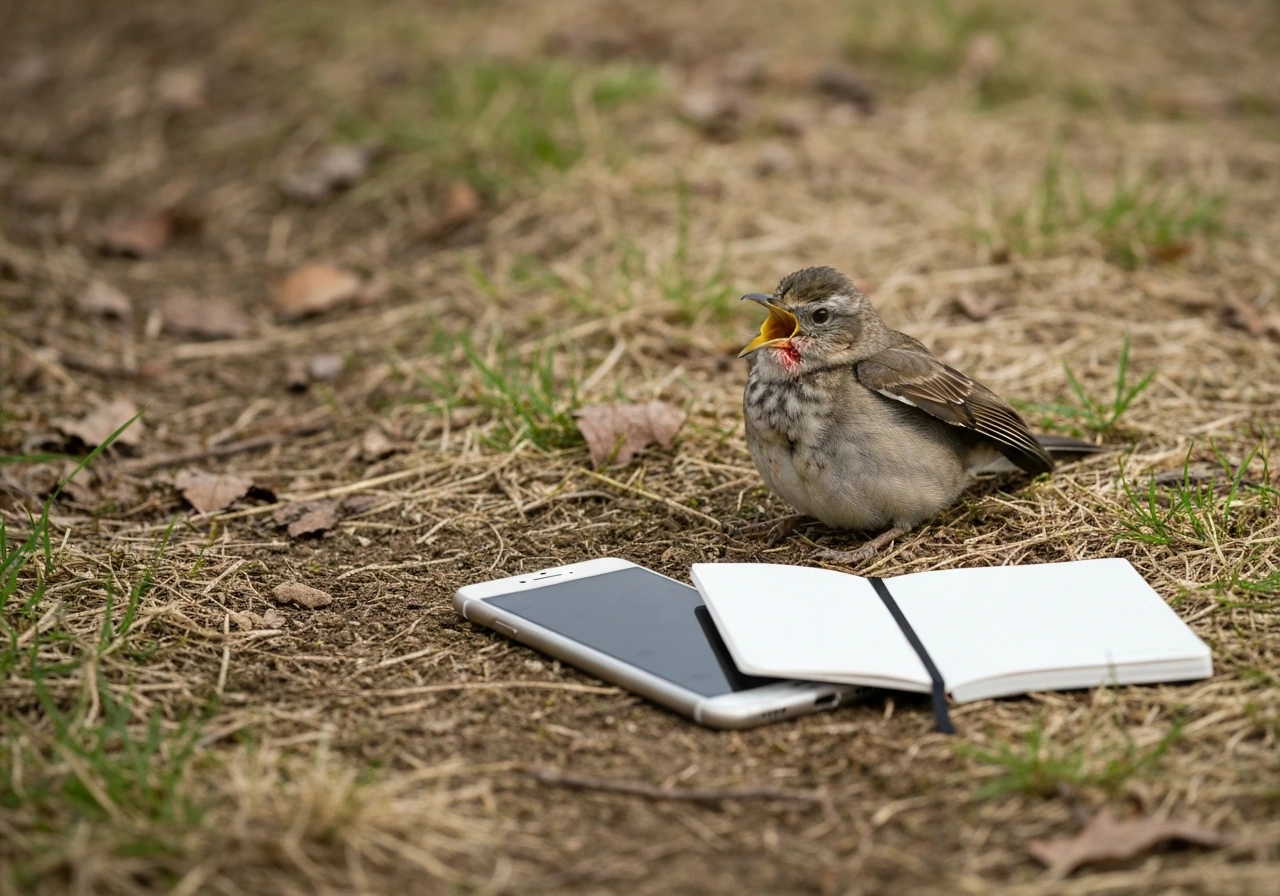 Sick wild bird on the ground beside a blank notebook and smartphone for observation documentation.