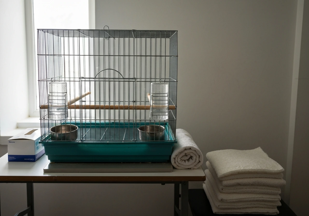 Minimal quarantine setup for a pet bird: one cage, clean water/food bowls, and hygiene supplies nearby.