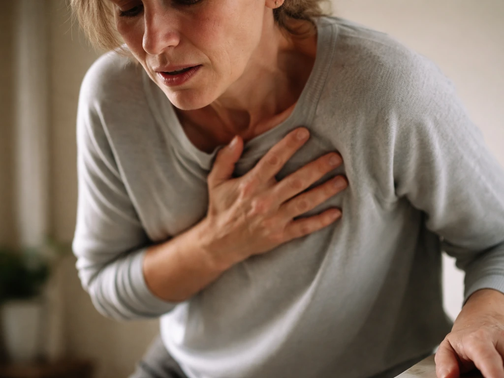 Unidentifiable person clutching chest, face tense, in a quiet room as if after bird exposure, concerned urgency