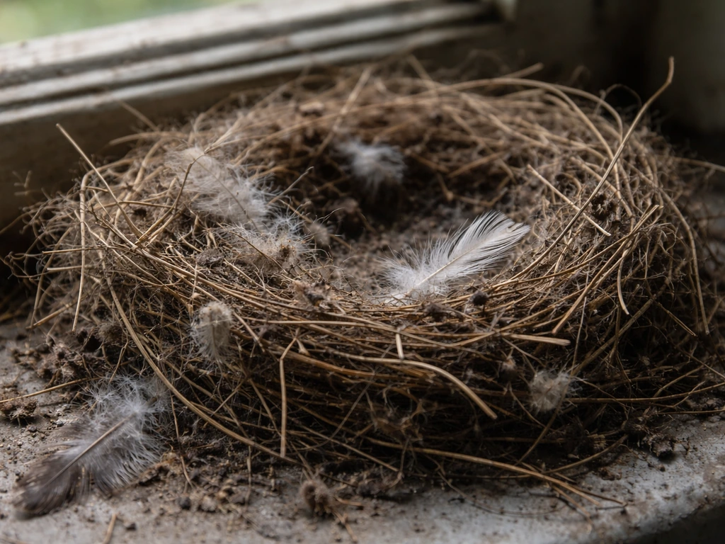 Macro close-up of a bird nest with visible feather fragments and debris in the fibers.