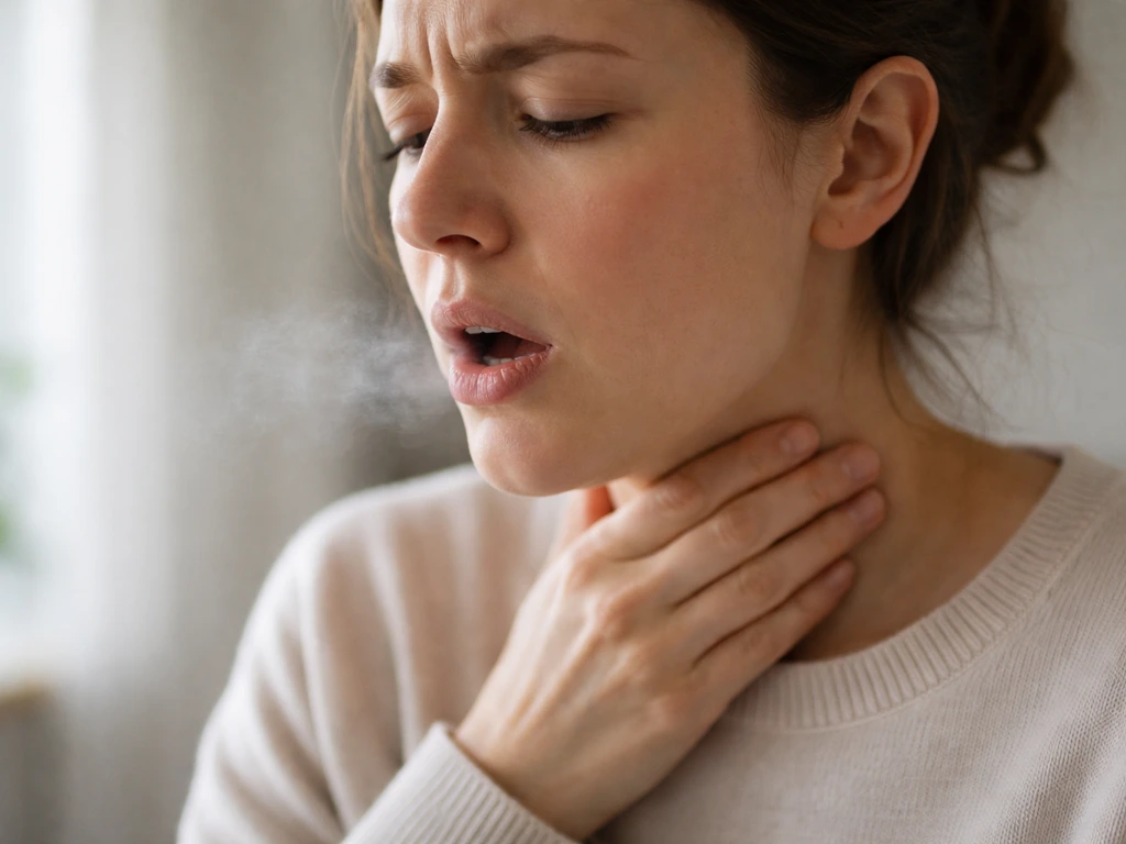 Person holding their throat and coughing, with subtle misty breath in soft natural light.