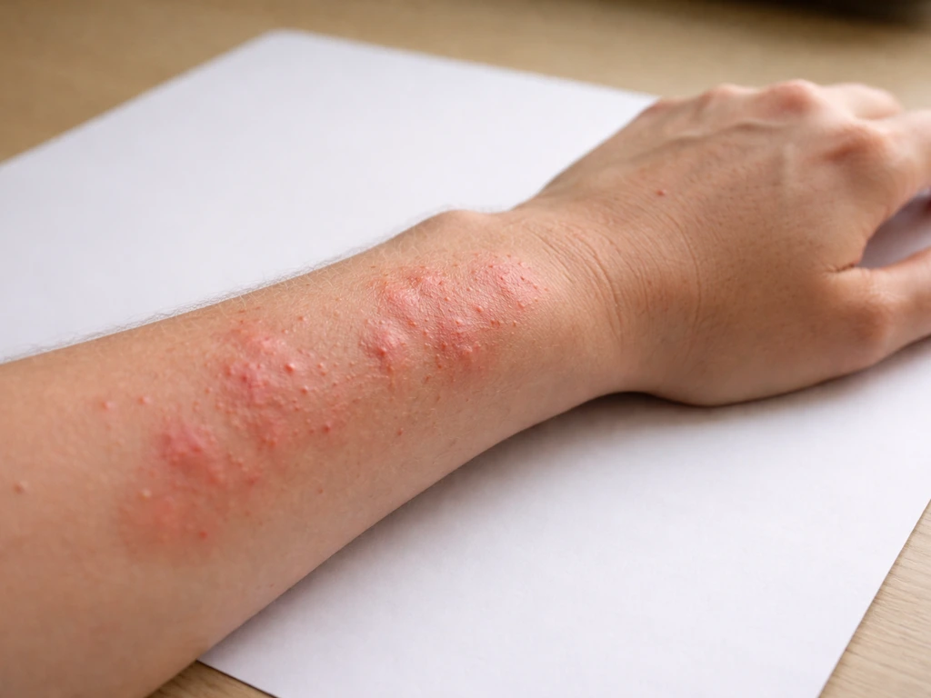 Close-up of a forearm and hand with a realistic red irritated rash consistent with contact dermatitis.