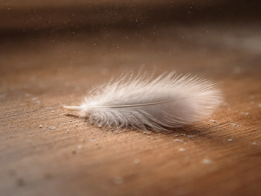 Macro close-up of a bird feather with fine dust specks suggesting microscopic dander particles.