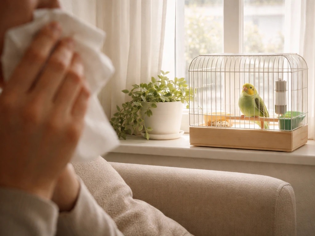 Pet bird on a windowsill with a caregiver’s hand and tissue suggesting allergy symptoms