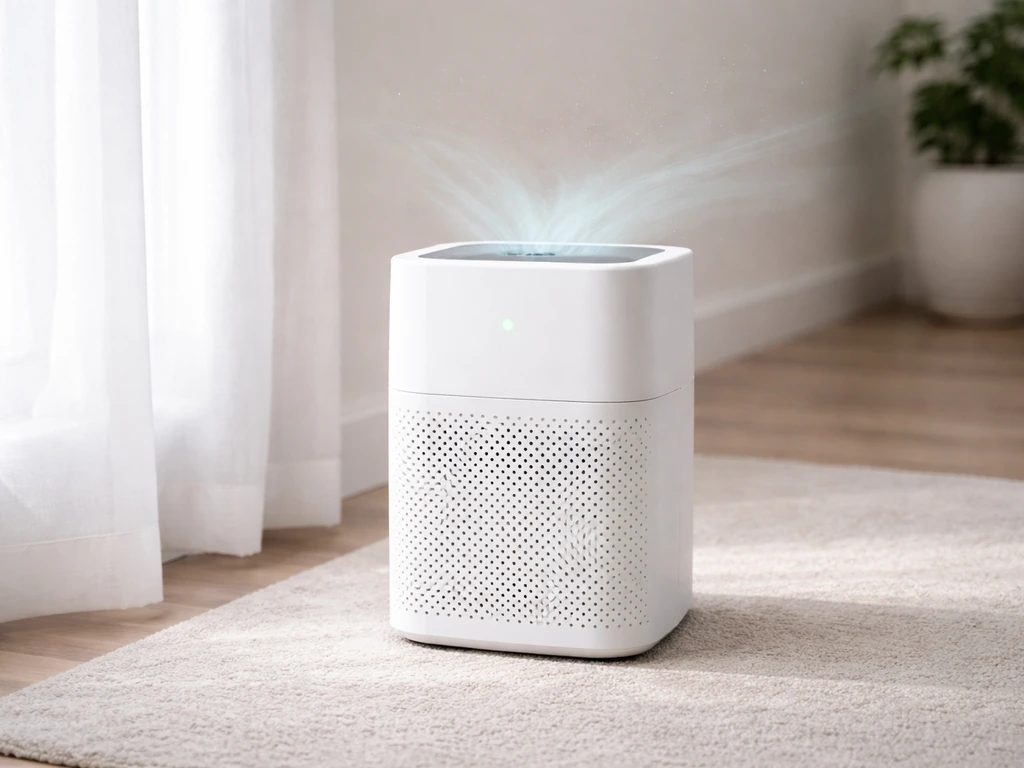 Portable HEPA air purifier running in a clean, quiet room with visible airflow toward an empty corner.
