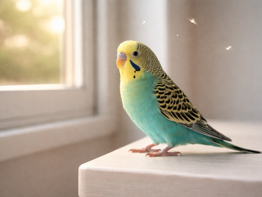 Pet bird perched indoors with a few subtle airborne feather particles visible in sunlit air.
