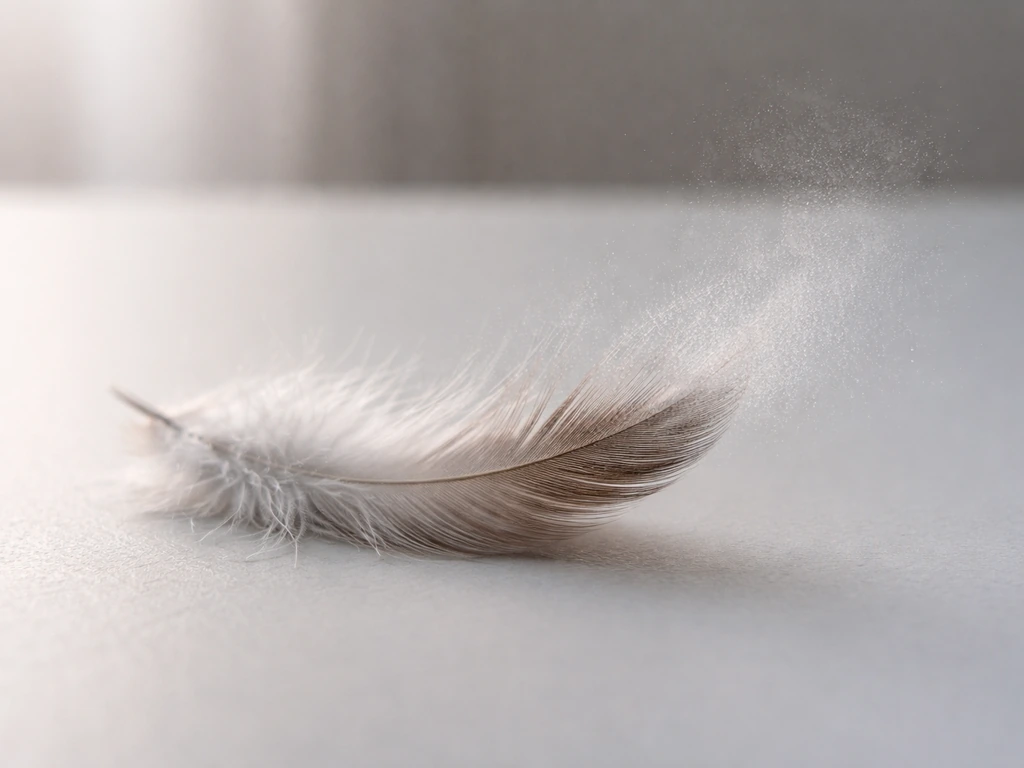 Close-up of fine pet feather dust floating in soft light on a simple indoor surface