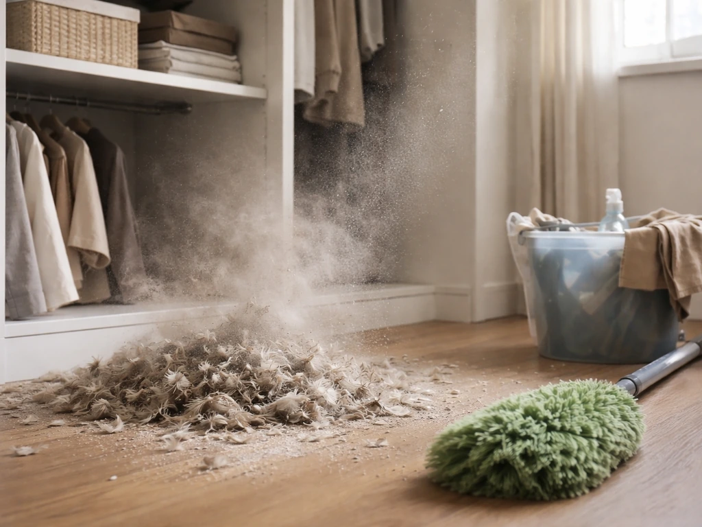 Dusty feather debris with a small airborne cloud suggesting inhalation during cleaning.