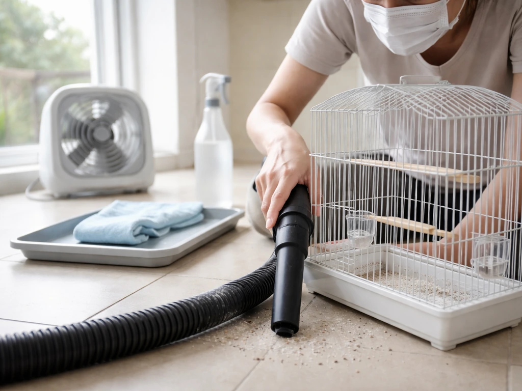 Hands cleaning an empty birdcage with a mask, HEPA vacuum, and ventilation to reduce airborne dust.