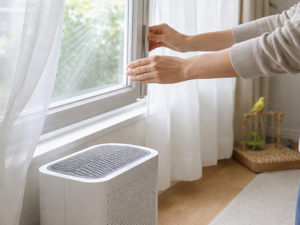 Person opening a window in a bright living room near a HEPA air purifier to improve ventilation