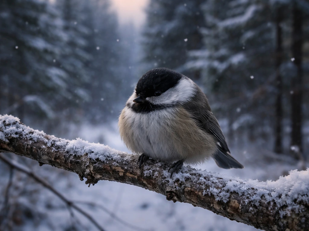 Snowy Alaskan woodland with one small wild bird fluffed and eyes partly closed on a branch.