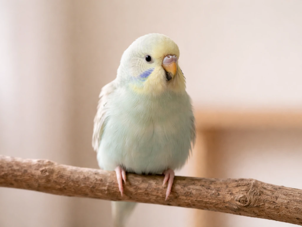 Small pet bird perched on a branch, showing fluffed feathers and slightly open beak in natural light.
