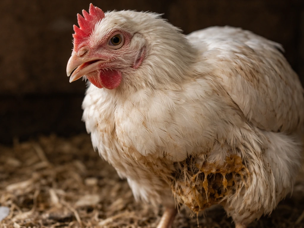 Close-up of a sick poultry bird showing labored breathing with wet nostrils and a soiled vent area