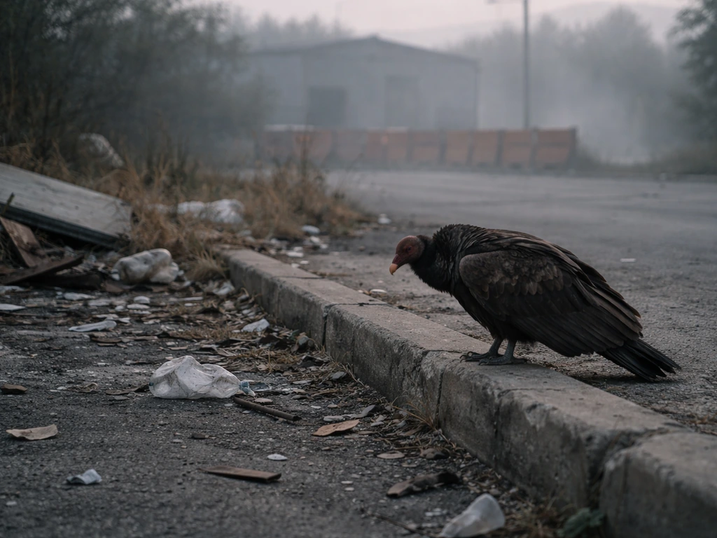 A scavenging raptor perched near an industrial refuse area, with hazy urban background suggesting environmental contamin