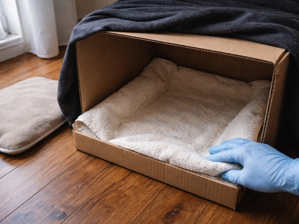 Gloved hands adjust a towel-lined transport crate with a safe covered heat source nearby, quiet dim setup.