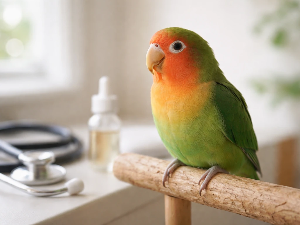 Small companion bird perched indoors with a stethoscope and dropper nearby for gentle avian care guidance.