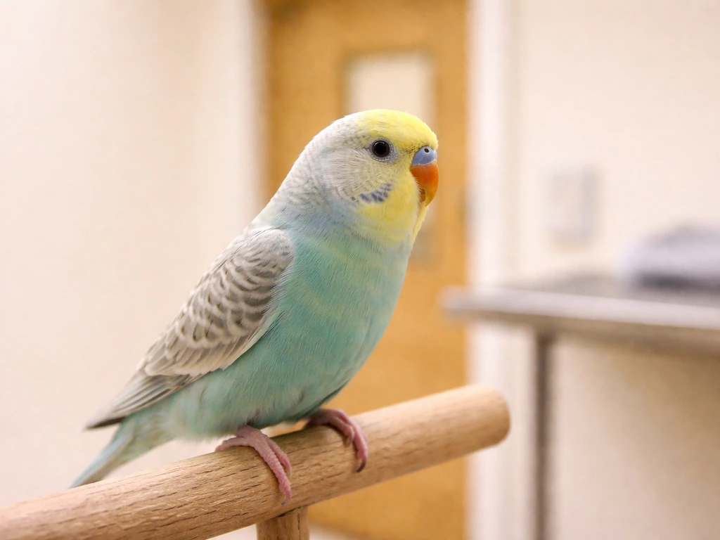 Small companion bird perched near a veterinarian’s exam room doorway, calm and minimal background.