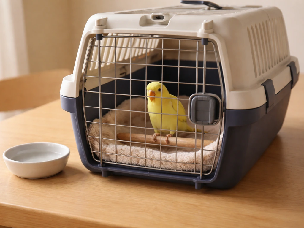A warm, secured pet carrier on a table with a small bird inside slightly open-beak breathing.
