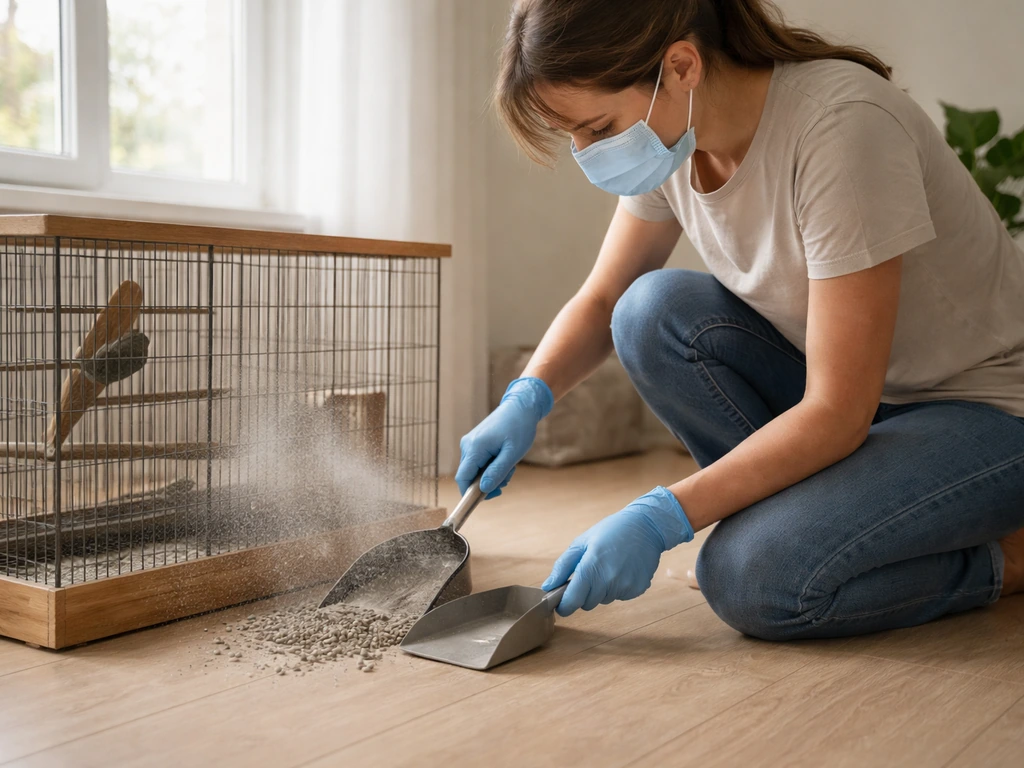 Person wearing a mask and gloves cleaning a small bird enclosure with dried droppings on the ground