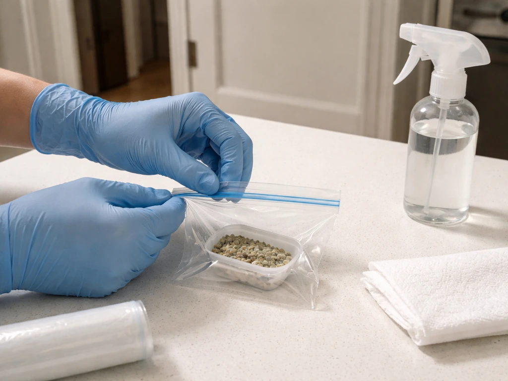 Gloved hands bagging droppings on a counter, with isolation implied by a door in the background