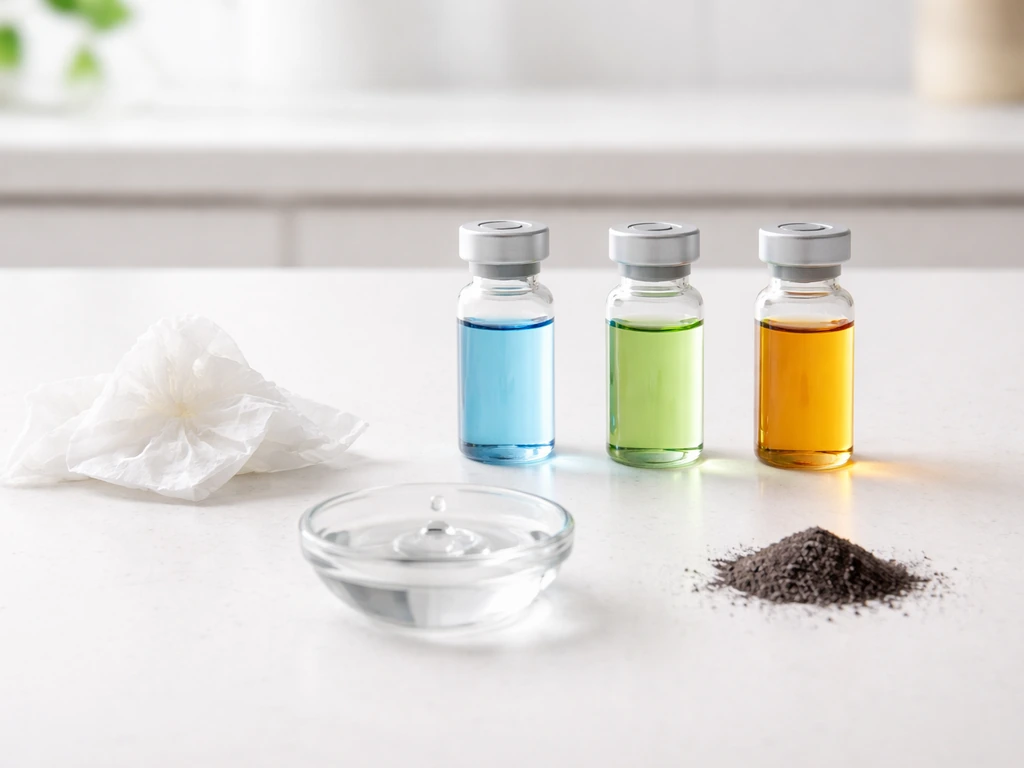 Minimal countertop scene with colored vials and symptom-related objects suggesting illness overlaps without any text or