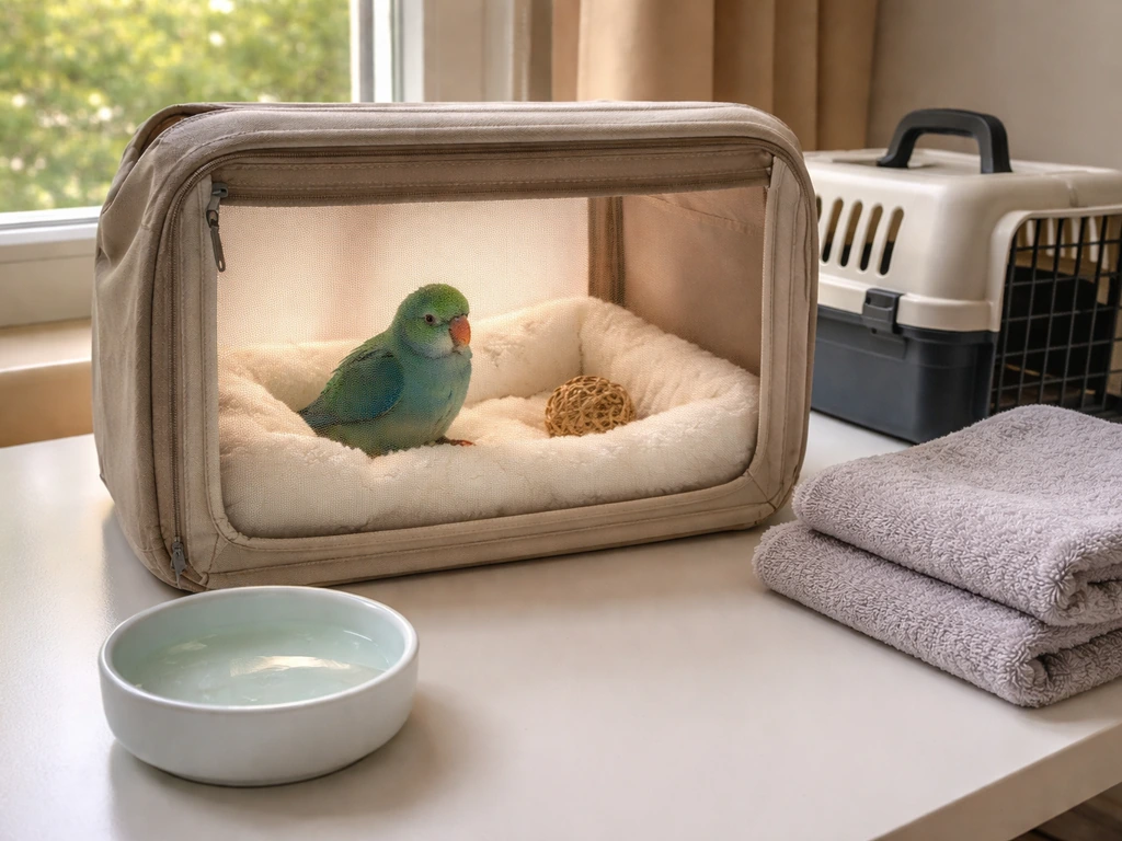 Small pet bird in a warm safe enclosure beside a fresh water dish and simple care supplies