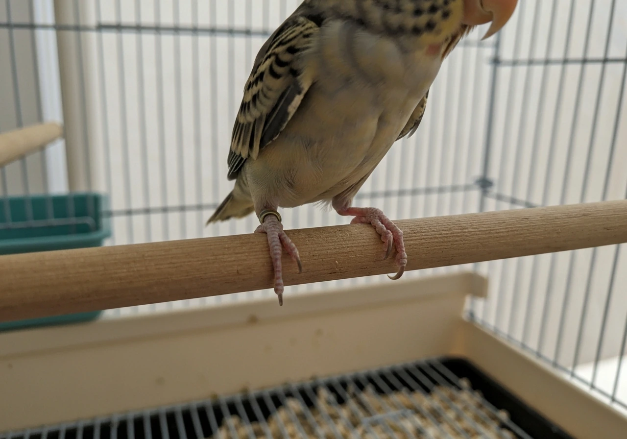 Pet bird perched with the camera focused on its feet and legs, showing subtle discomfort posture.
