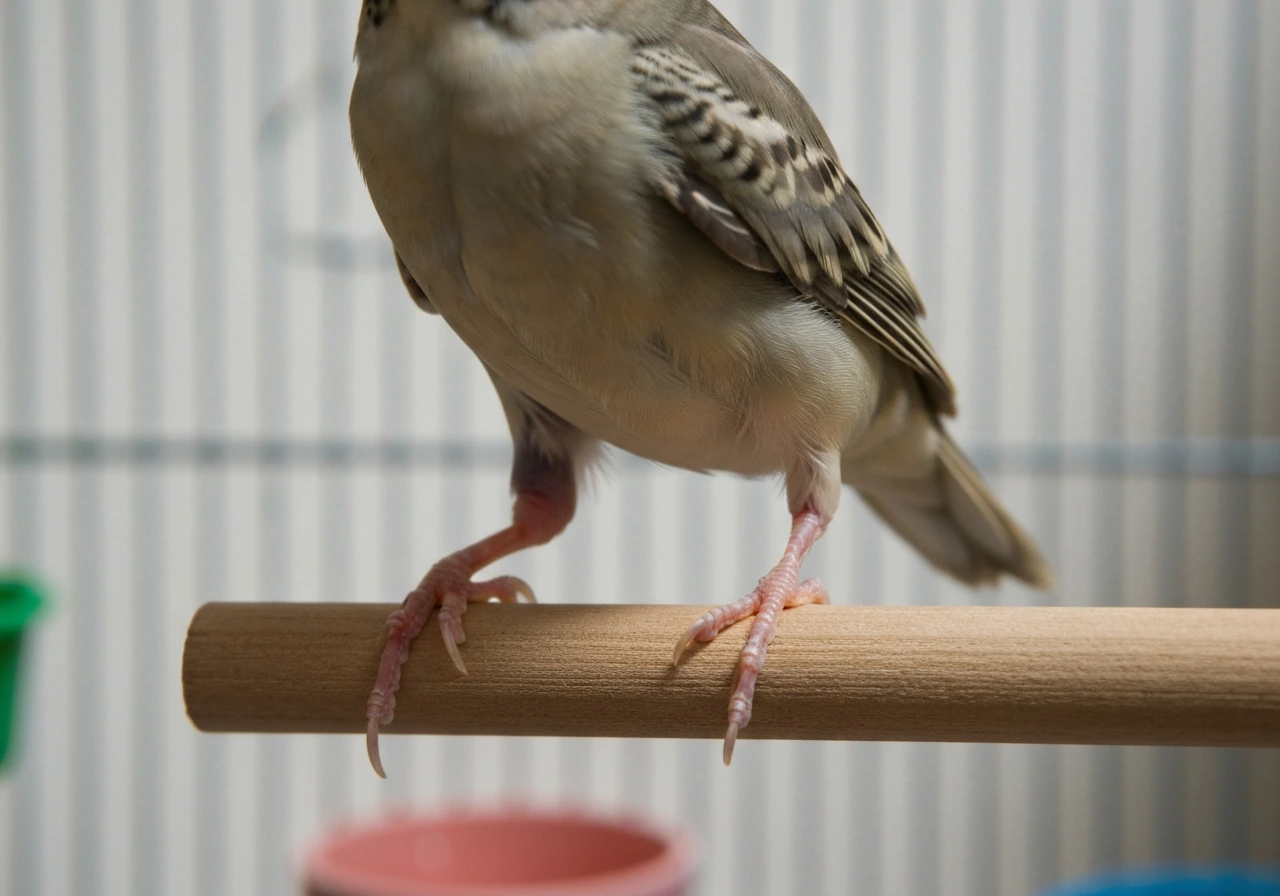 Small bird on a perch favoring one foot, with subtle swelling/redness on the leg.