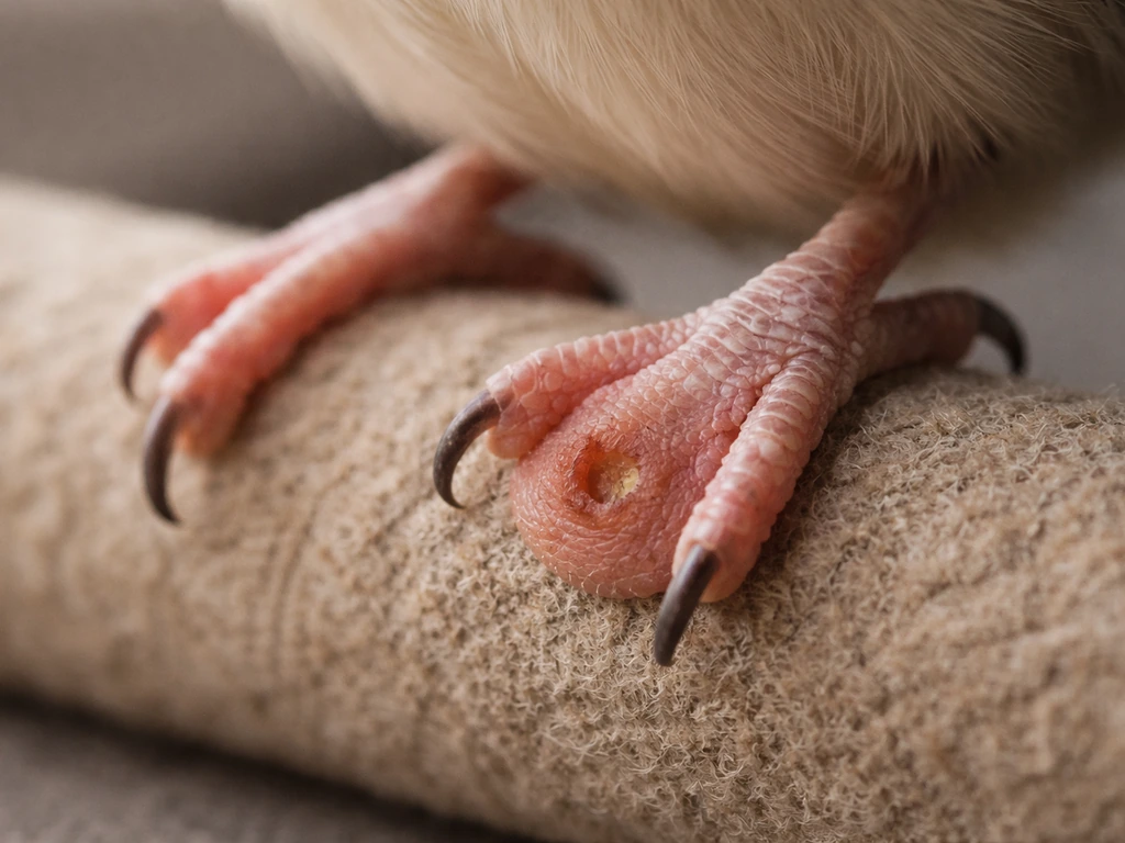Close-up of a bird foot with bumblefoot signs: mild redness and thickened sole area while resting.