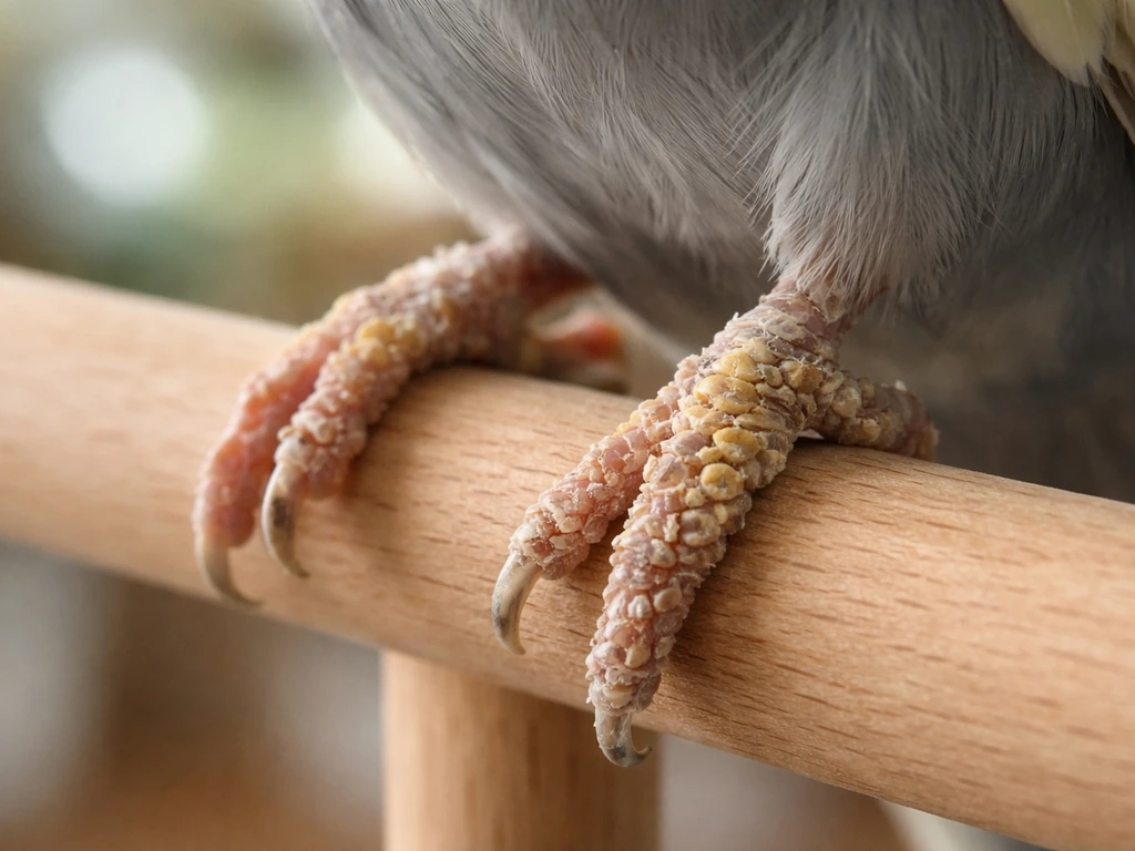 Close-up of a bird’s lower leg and foot with crusty, honeycombed scaly mite buildup.
