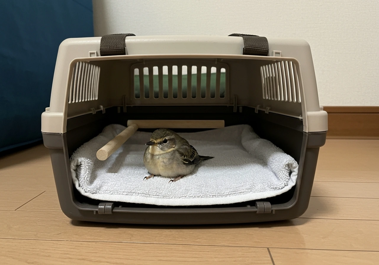 A small wild bird resting in a low, secure carrier lined with soft cloth to prevent falls.